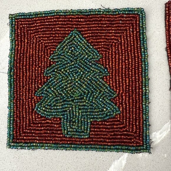 Crate & Barrel Set Of 4 Beaded Coasters Christmas Holiday 4” Square Fabric Back - Picture 3 of 7